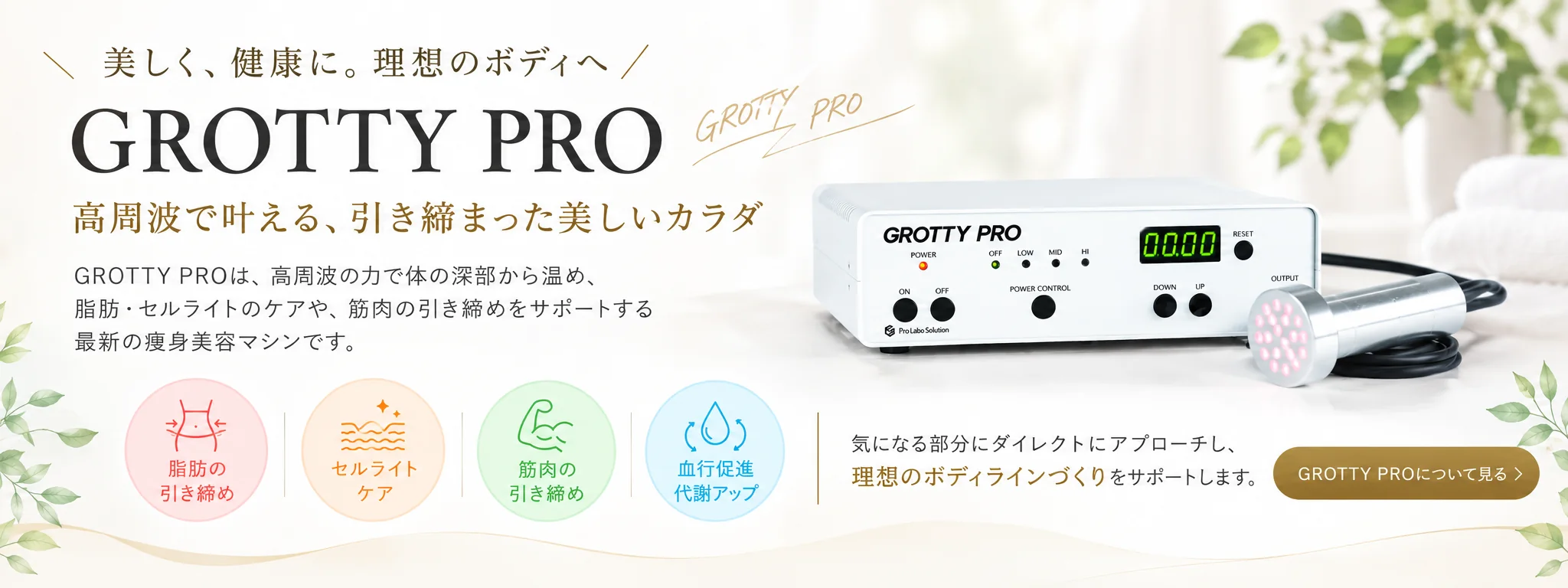 美しく、健康に。理想のボディへ。高周波で叶える痩身美容マシン GROTTY PRO について見る